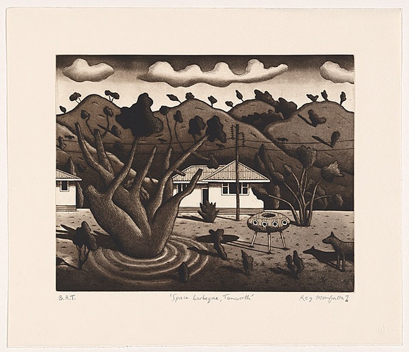 Artist: b'Mombassa, Reg.' | Title: b'Space barbeque, Tamworth' | Date: 2005 | Technique: b'etching and aquatint, printed in sepia ink, from one plate'