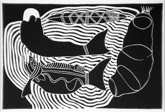 Artist: b'Meeks, Arone Raymond.' | Title: b'Barramundi' | Date: 1988 | Technique: b'offset-lithogrph, printed in black ink, from one plate; from linocut original'