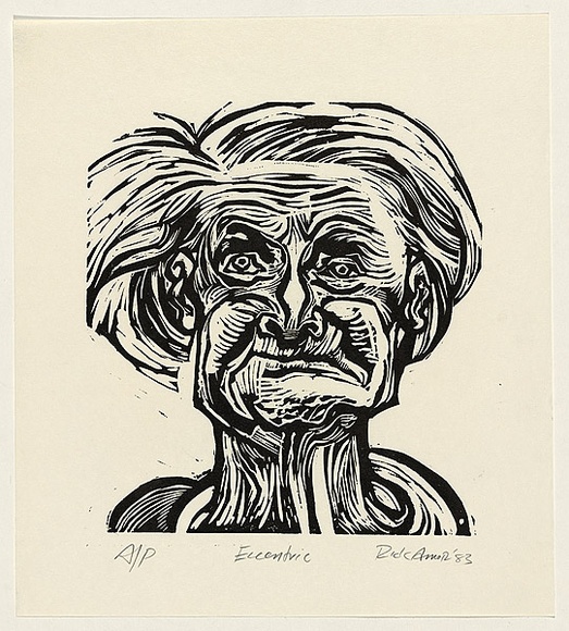 Artist: b'AMOR, Rick' | Title: b'Eccentric.' | Date: 1983 | Technique: b'woodcut, printed in black ink, from one block'