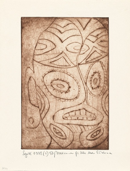 Artist: b'Pokana, Ula Melo.' | Title: b'Maske [Mask]' | Date: 1972 | Technique: b'etching, printed in brown ink, from one plate'