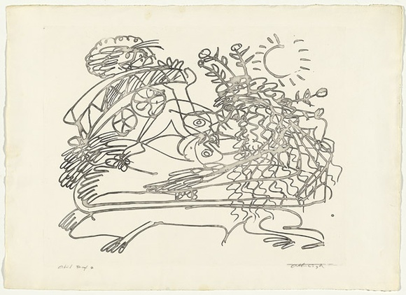 Artist: b'BOYD, Arthur' | Title: b'Reclining figure with sun and flying lion.' | Date: (1968-69) | Technique: b'etching, printed in black ink, from one plate' | Copyright: b'Reproduced with permission of Bundanon Trust'