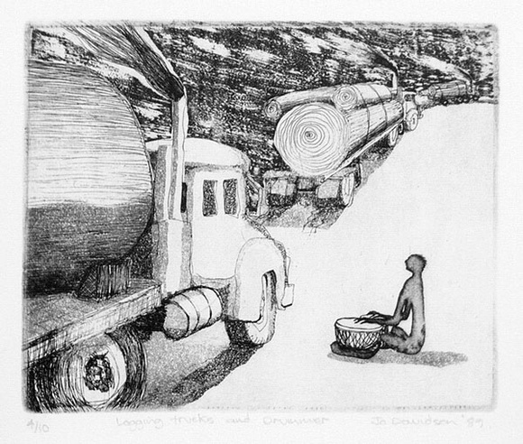 Artist: b'Davidson, Jo.' | Title: b'Logging Trucks and Drummer.' | Date: 1989 | Technique: b'etching, printed in black ink, from one plate' | Copyright: b'\xc2\xa9 Jo Davidson. Licensed by VISCOPY, Australia'