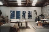 Artist: LOANE, John | Title: Mike Parr print 'Sky Birth' on the wall at Viridian Press, Olinda, Victoria. | Date: 1996