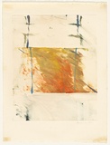 Artist: Maguire, Tim. | Title: Not titled [monoprint of orange and yellow, blue marks at periphery] | Date: 1982 | Technique: monoprint, printed in colour, from one plate