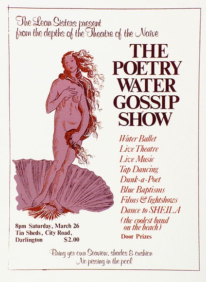 Artist: b'Phoenix, Frances (Budden).' | Title: b'The Poetry Water Gossip Show.' | Date: 1977 | Technique: b'screenprint, printed in colour, from multiple stencils'