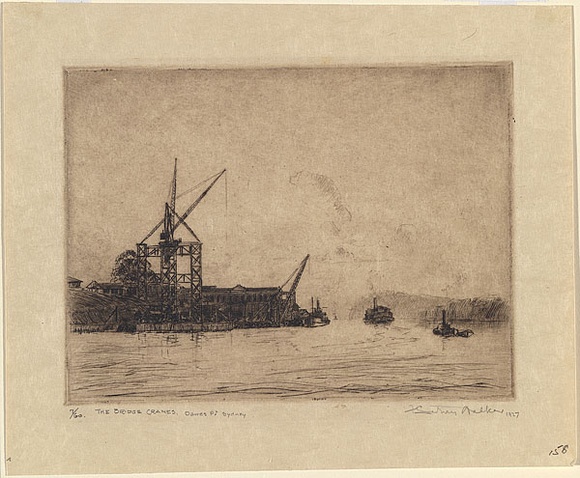 Artist: b'Walker, F. Sidney.' | Title: b'The bridge cranes' | Date: 1927 | Technique: b'etching, printed in speia ink, from one plate'