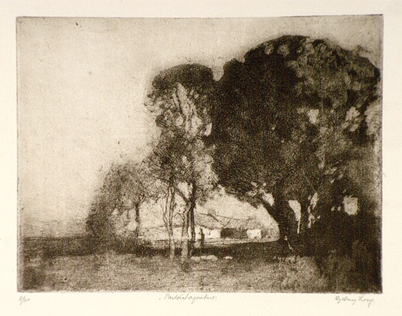 Artist: b'LONG, Sydney' | Title: b'Pastoral aquatint' | Date: 1921 | Technique: b'drypoint, aquatint printted in brown ink from one copper plate' | Copyright: b'Reproduced with the kind permission of the Ophthalmic Research Institute of Australia'