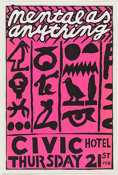 Artist: b'WORSTEAD, Paul' | Title: b'Mental as anything - Civic Hotel' | Date: 1980 | Technique: b'screenprint, printed in colour, from two stencils in orange and black ink' | Copyright: b'This work appears on screen courtesy of the artist'