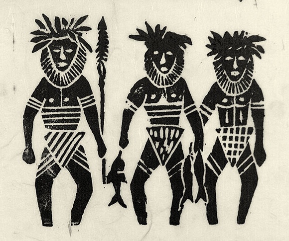Artist: b'Artist unknown' | Title: b'Three men in ceremonial costume' | Date: 1970s | Technique: b'woodcut, printed in black ink, from one block'