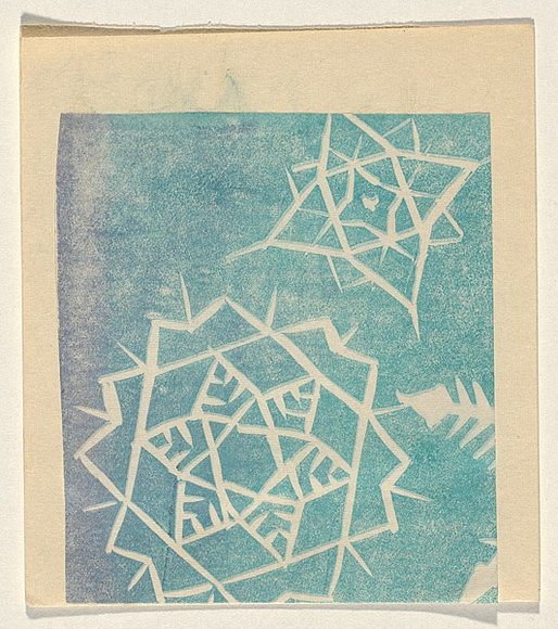 Title: b'Card: [Snowflakes]' | Date: c.1966 | Technique: b'linocut, printed in colour, from one block'