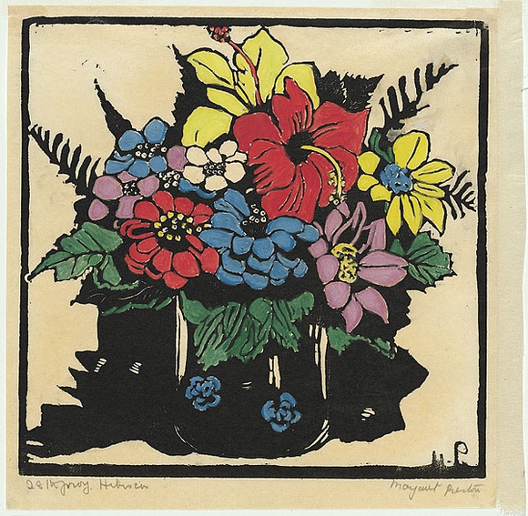 Artist: b'PRESTON, Margaret' | Title: b'Hibiscus' | Date: 1925 | Technique: b'woodcut, printed in black ink, from one block; hand-coloured' | Copyright: b'\xc2\xa9 Margaret Preston. Licensed by VISCOPY, Australia'