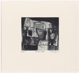 Artist: b'Cummings, Elizabeth.' | Title: b'Studio table.' | Date: 2001 | Technique: b'etching and aquatint, printed in blue/black ink, from one plate'