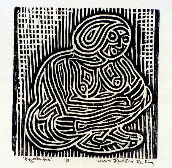 Artist: b'Hawkins, Weaver.' | Title: b'Opposite one' | Date: 1963 | Technique: b'linocut, printed in black ink, from one block' | Copyright: b'The Estate of H.F Weaver Hawkins'