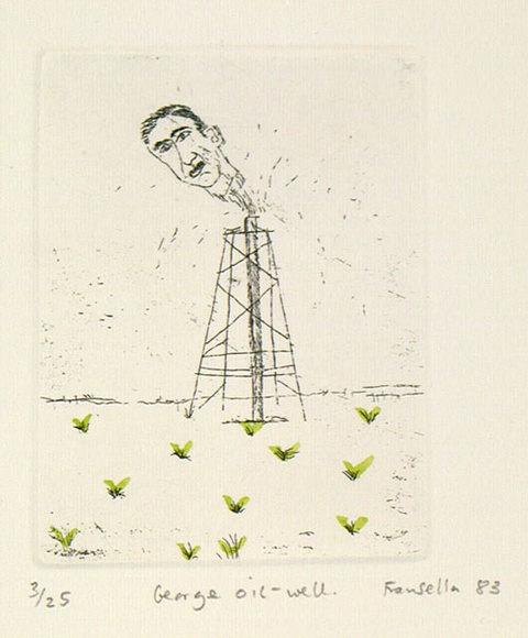 Artist: b'Fransella, Graham.' | Title: b'George oil-well.' | Date: 1983 | Technique: b'etching, printed in black ink, from one plate; hand-coloured' | Copyright: b'Courtesy of the artist'