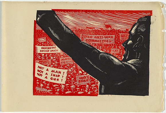 Artist: b'UNKNOWN, WORKER ARTISTS, SYDNEY, NSW' | Title: b'Not titled (speaker and crowd with banners).' | Date: 1933 | Technique: b'linocut, printed in colour, from two blocks (black and red)'