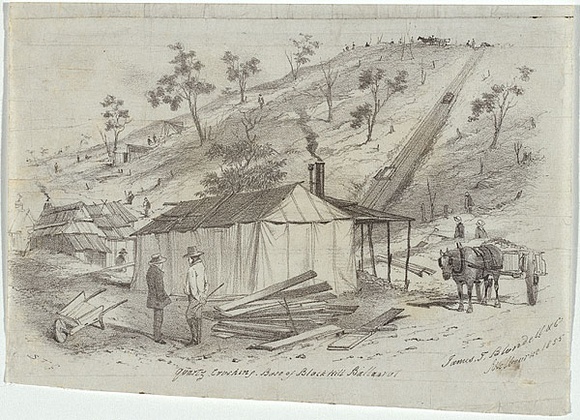 Artist: b'GILL, S.T.' | Title: b'Quartz crushing, base of Black Hill, Ballarat.' | Date: 1855 | Technique: b'lithograph, printed in black ink, from one stone'