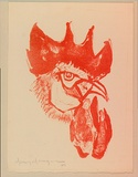 Artist: b'MACQUEEN, Mary' | Title: bGreeting card: Rooster's head | Date: 1967 | Technique: b'lithograph, printed in red ink, from one plate' | Copyright: b'Courtesy Paulette Calhoun, for the estate of Mary Macqueen'