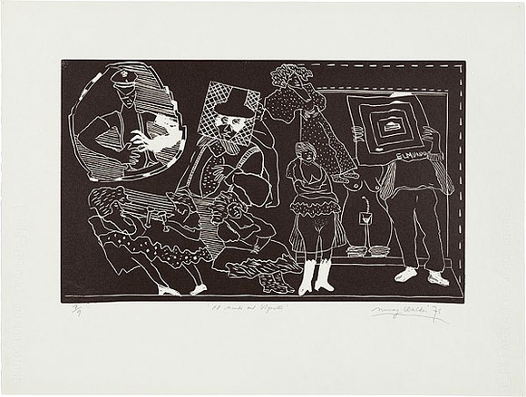 Artist: b'WALKER, Murray' | Title: b'El Mundo and vignettes.' | Date: 1975 | Technique: b'linocut, printed in black ink, from one block'