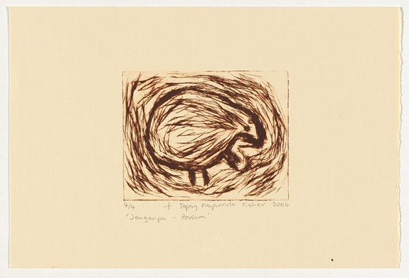 Artist: b'NAPURRULA FISHER, Topsy' | Title: b'Janganpa - possum' | Date: 2004 | Technique: b'drypoint etching, printed in brown ink, from one perspex plate'