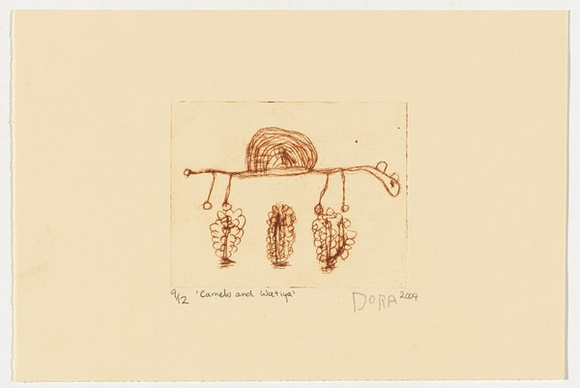 Artist: Napurrula Long, Dora. | Title: Camelo and watiya | Date: 2004 | Technique: drypoint etching, printed in brown ink, from one perspex plate