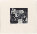 Artist: Cummings, Elizabeth. | Title: Studio table. | Date: 2001 | Technique: etching and aquatint, printed in blue/black ink, from one plate