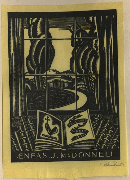 Artist: b'FEINT, Adrian' | Title: b'Bookplate: Aeneas J McDonnell.' | Date: (1933) | Technique: b'wood-engraving, printed in black ink, from one block' | Copyright: b'Courtesy the Estate of Adrian Feint'