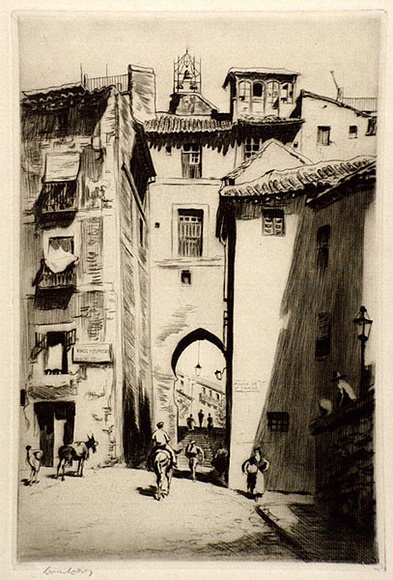 Artist: b'LINDSAY, Lionel' | Title: b'The Zocodover Gate, Toledo' | Date: 1926 | Technique: b'drypoint, printed in warm black ink with plate-tone, from one plate' | Copyright: b'Courtesy of the National Library of Australia'