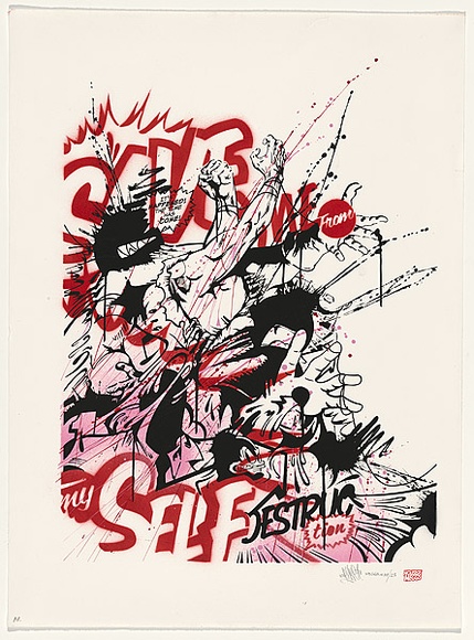 Title: b'Save me (from myself)' | Date: 2009 | Technique: b'screenprint, printed in black ink, from one stencil; stencil, sprayed in red ink, from one stencil'