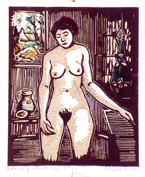 Artist: b'Taylor, John H.' | Title: b'Standing nude' | Date: 1975 | Technique: b'linocut, printed in colour, from four blocks'