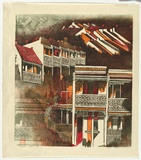 Artist: b'Thorpe, Lesbia.' | Title: b'Victorian facade' | Date: 1980 | Technique: b'woodcut, printed in colour, from four blocks'