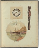 Title: Head ornament of pearl shell [u.l. image]  chunum knife [u.r.]  Canoe at South Cape  [l.c. image] | Date: 1885 | Technique: lithograph, printed in colour, from multiple stones