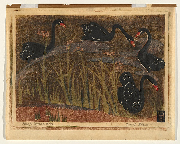 Artist: b'Black, Dorrit.' | Title: b'Black swans.' | Date: 1937 | Technique: b'linocut, printed in colour, from five blocks (red, pink, green, blue-grey and black)'