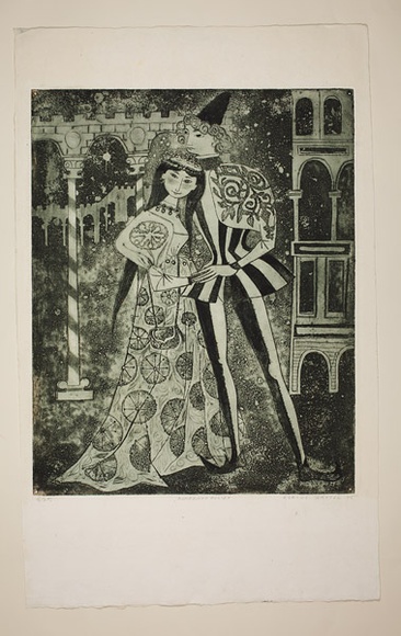 Artist: b'Haxton, Elaine' | Title: b'Romeo and Juliet' | Date: 1975 | Technique: b'etching and aquatint, printed in green ink, from two plates'