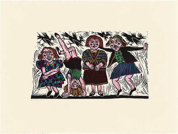 Artist: b'HANRAHAN, Barbara' | Title: b'Girls and birds' | Date: 1988 | Technique: b'linocut, printed in black ink, from one block, hand-coloured'