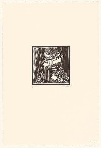 Artist: b'Burchill, Tracey.' | Title: b'not titled [overflowing rubbish bin]' | Date: 1989, August | Technique: b'linocut, printed in black ink, from one block'