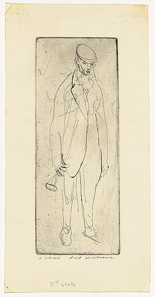 Artist: b'WILLIAMS, Fred' | Title: b'Comedian' | Date: 1955-56 | Technique: b'etching and drypoint, printed in black ink, from one copper plate' | Copyright: b'\xc2\xa9 Fred Williams Estate'