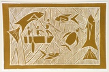 Artist: b'Marika, Banduk.' | Title: b'Miyapunuwuy Nyarrunyan' | Date: 1986 | Technique: b'linocut, printed in yellow ink, from one block'