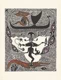 Artist: b'Nona, Dennis.' | Title: b'Ngaw kukuwam (The lovers)' | Date: 1996 | Technique: b'linocut, printed in black ink, from one block; hand-coloured with synthetic polymer paint' | Copyright: b'Courtesy of the artist and the Australia Art Print Network'