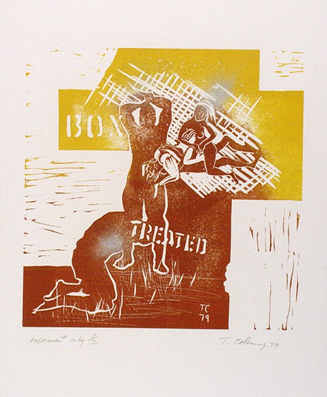 Artist: b'COLEING, Tony' | Title: b'Treated.' | Date: 1979 | Technique: b'linocut, printed in colour, from two blocks'