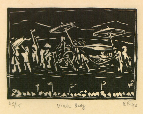 Artist: b'Nguyen, Tuyet Bach.' | Title: b'Vinh Quy [Graduation ceremony]' | Date: 1990 | Technique: b'linocut, printed in black ink, from one block'