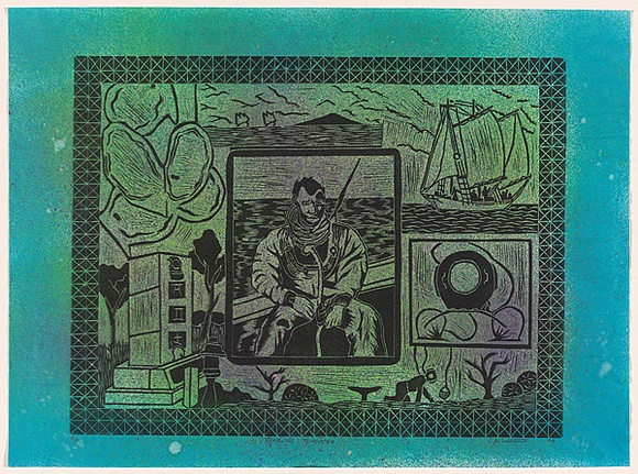 Title: b'Pearling industry' | Date: 1994 | Technique: b'linocut, printed in black ink, from one block; hand-coloured'