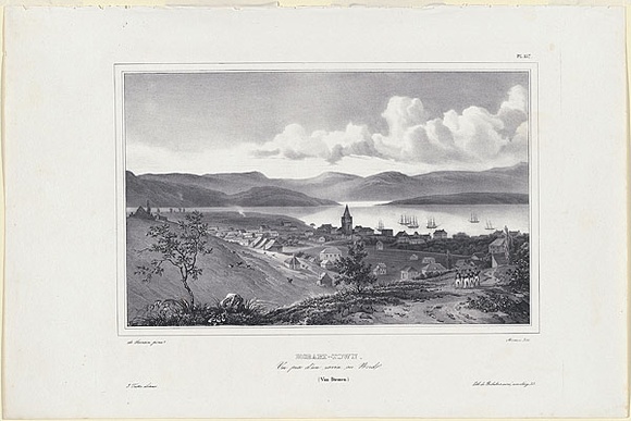 Title: bHobart-town. Vue prise d'un ravin au Nord. (Van Diemen). (Hobart Town from the north) | Date: c.1833 | Technique: b'lithograph, printed in black ink, from one stone'