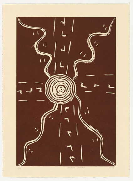 Artist: b'Tjapaltjarri, Joseph Jurra.' | Title: b'not titled' | Date: 1990 | Technique: b'woodcut, printed in brown ink, from one block'