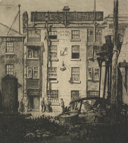 Artist: Shirlow, John. | Title: Wharfside houses. | Date: 1933 | Technique: etching
