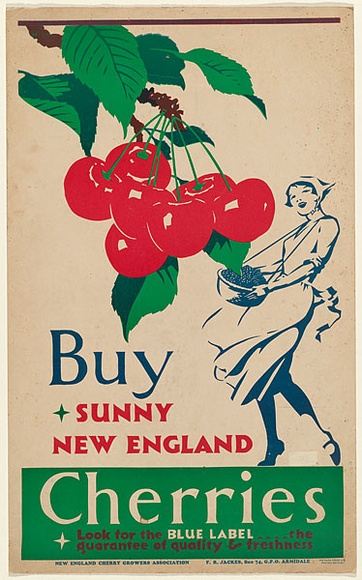 Title: b'Buy sunny New England cherries.' | Date: c.1925 | Technique: b'lithograph, printed in colour, from multiple plates' | Copyright: b'\xc2\xa9 A.M. Annand'