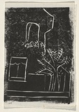 Title: b'Card: [house and tree]' | Technique: b'linocut, printed in black ink, from one block'