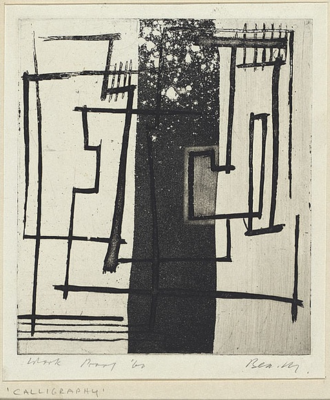 Artist: b'MADDOCK, Bea' | Title: b'Calligraphy' | Date: 1959 | Technique: b'etching, aquatint, deep etch and colour relief'