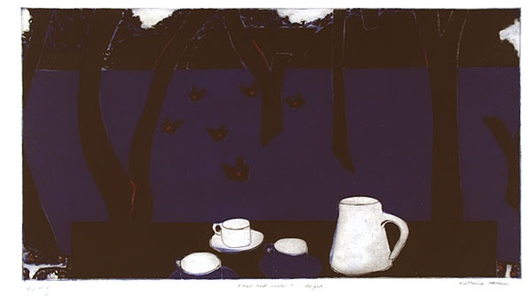 Artist: b'Hattam, Katherine.' | Title: b'Food and water I night' | Date: 1998, September | Technique: b'etching and aquatint, printed in colour, from multiple plates; handcoloured'