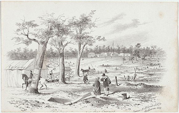 Artist: b'GILL, S.T.' | Title: b'[goldrush view]' | Date: 1855-56 | Technique: b'lithograph, printed in black ink, from one stone'
