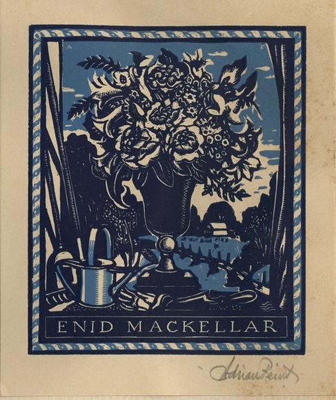 Artist: FEINT, Adrian | Title: Bookplate: Enid Mackellar. | Date: (1942) | Technique: wood-engraving, printed in colour, from two blocks in light and dark blue inks | Copyright: Courtesy the Estate of Adrian Feint
